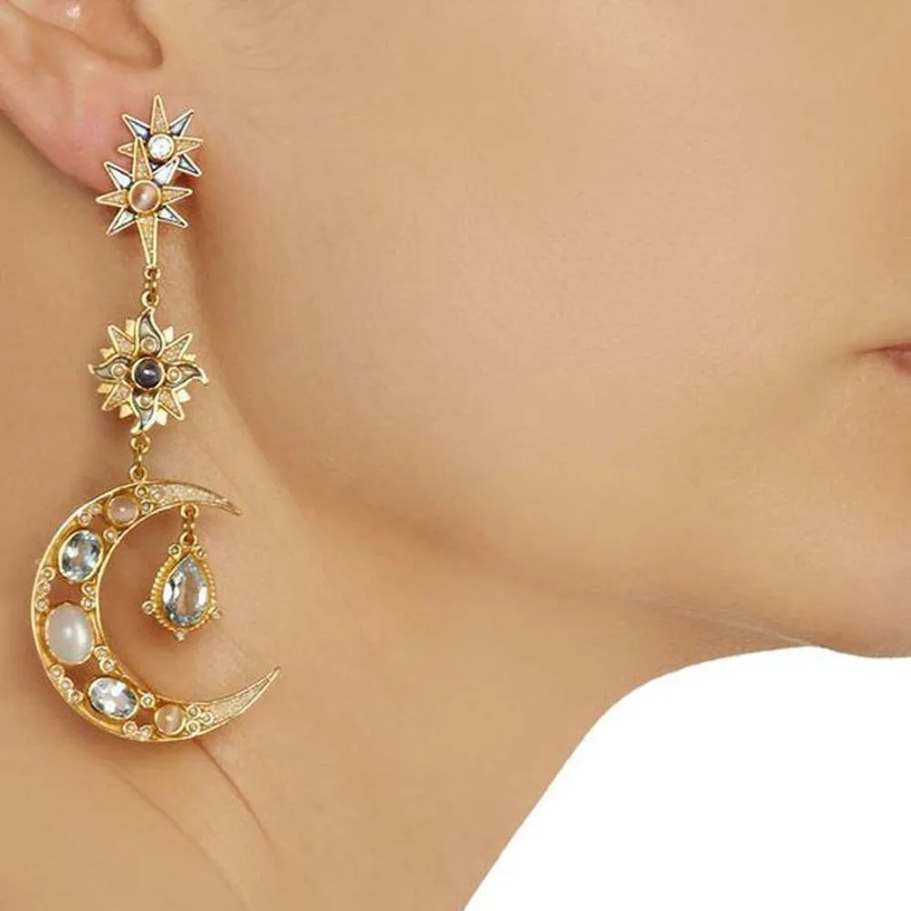 Sun and Moon Earrings in Blue Topaz and Moonstone