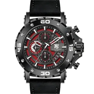 T5 Black Leather Strap Red Dial Chronograph Quartz Watch for Gents - H3641G-A