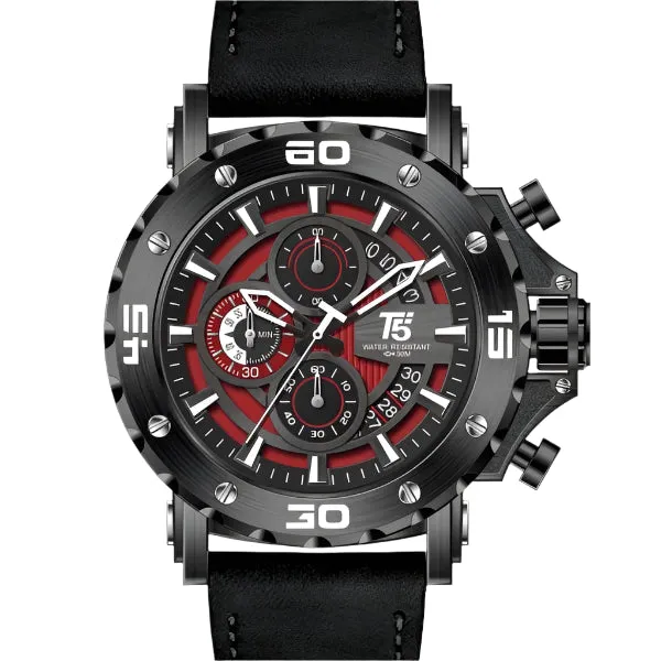 T5 Black Leather Strap Red Dial Chronograph Quartz Watch for Gents - H3641G-A