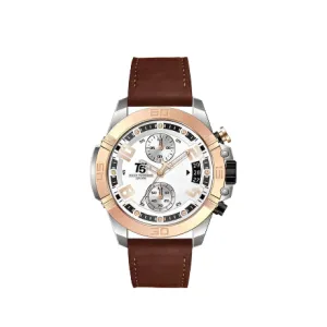 T5 Brown Leather Strap White Dial Chronograph Quartz Watch for Gents - H3637G-F
