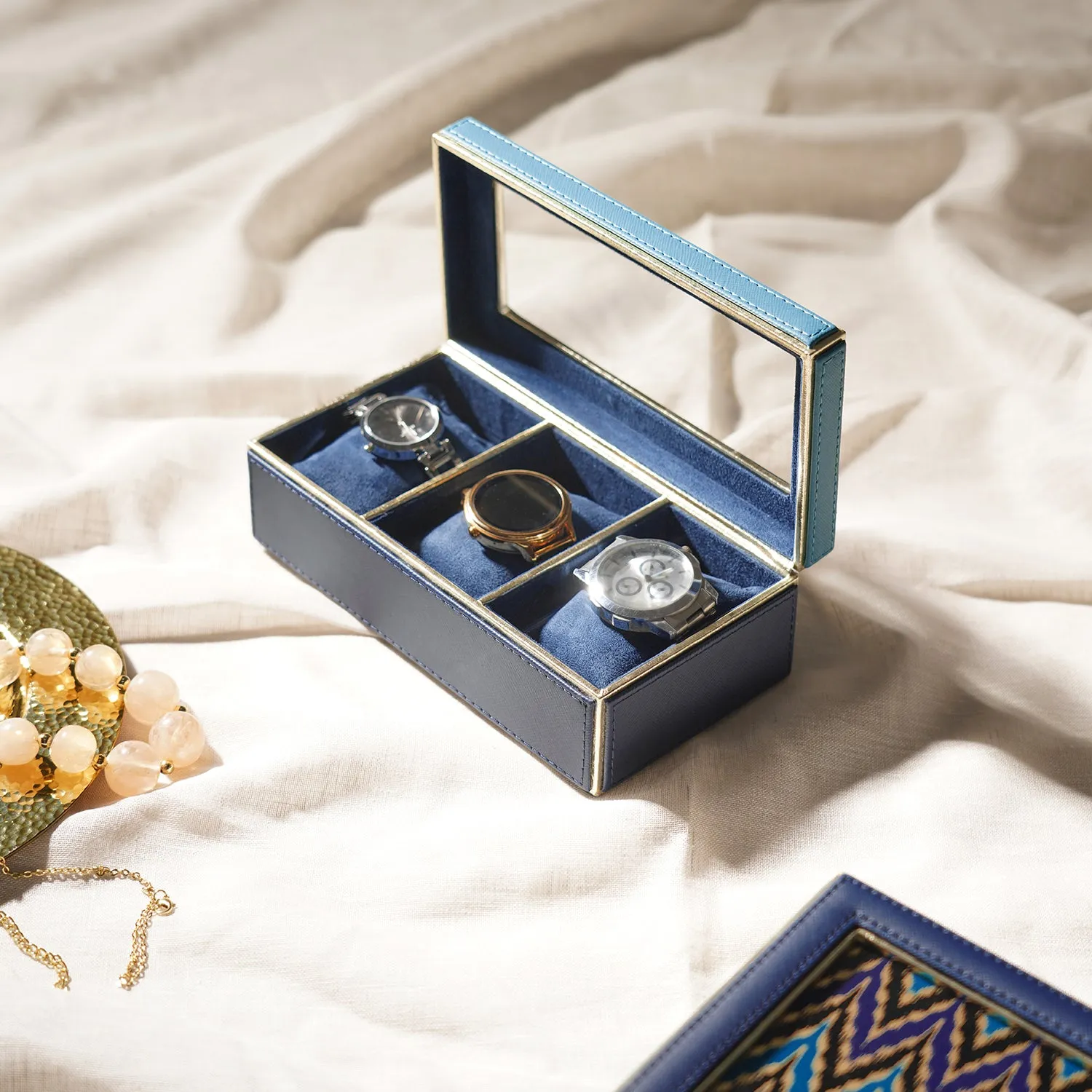 Teal 3 Compartment Faux Leather Watch Box