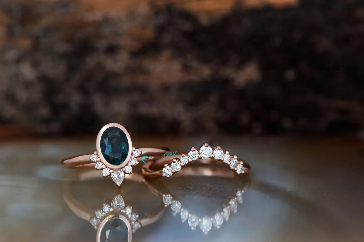 Teal sapphire wedding set 14k 18k rose gold - Blue green sapphire diamond ring