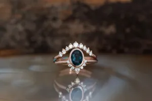 Teal sapphire wedding set 14k 18k rose gold - Blue green sapphire diamond ring