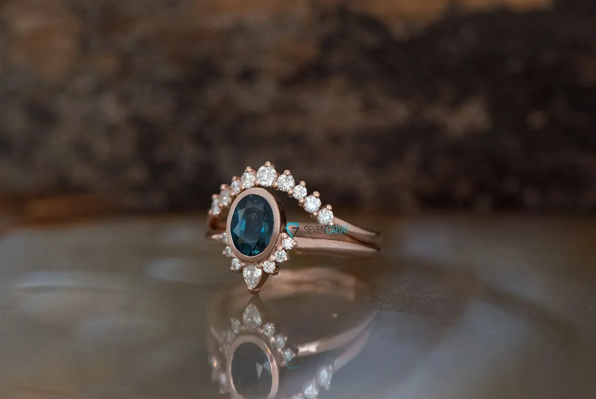 Teal sapphire wedding set 14k 18k rose gold - Blue green sapphire diamond ring