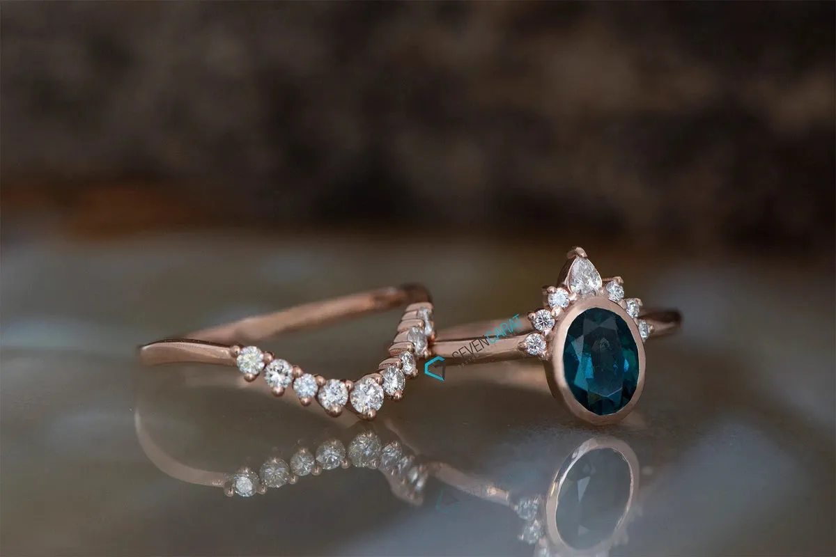 Teal sapphire wedding set 14k 18k rose gold - Blue green sapphire diamond ring