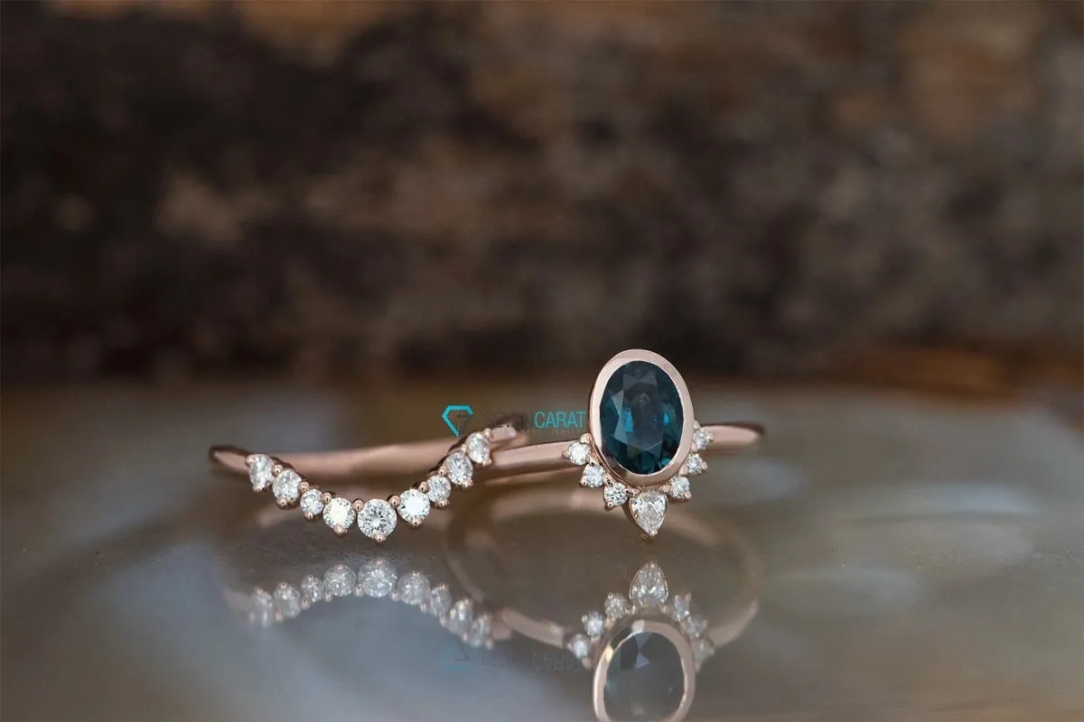Teal sapphire wedding set 14k 18k rose gold - Blue green sapphire diamond ring
