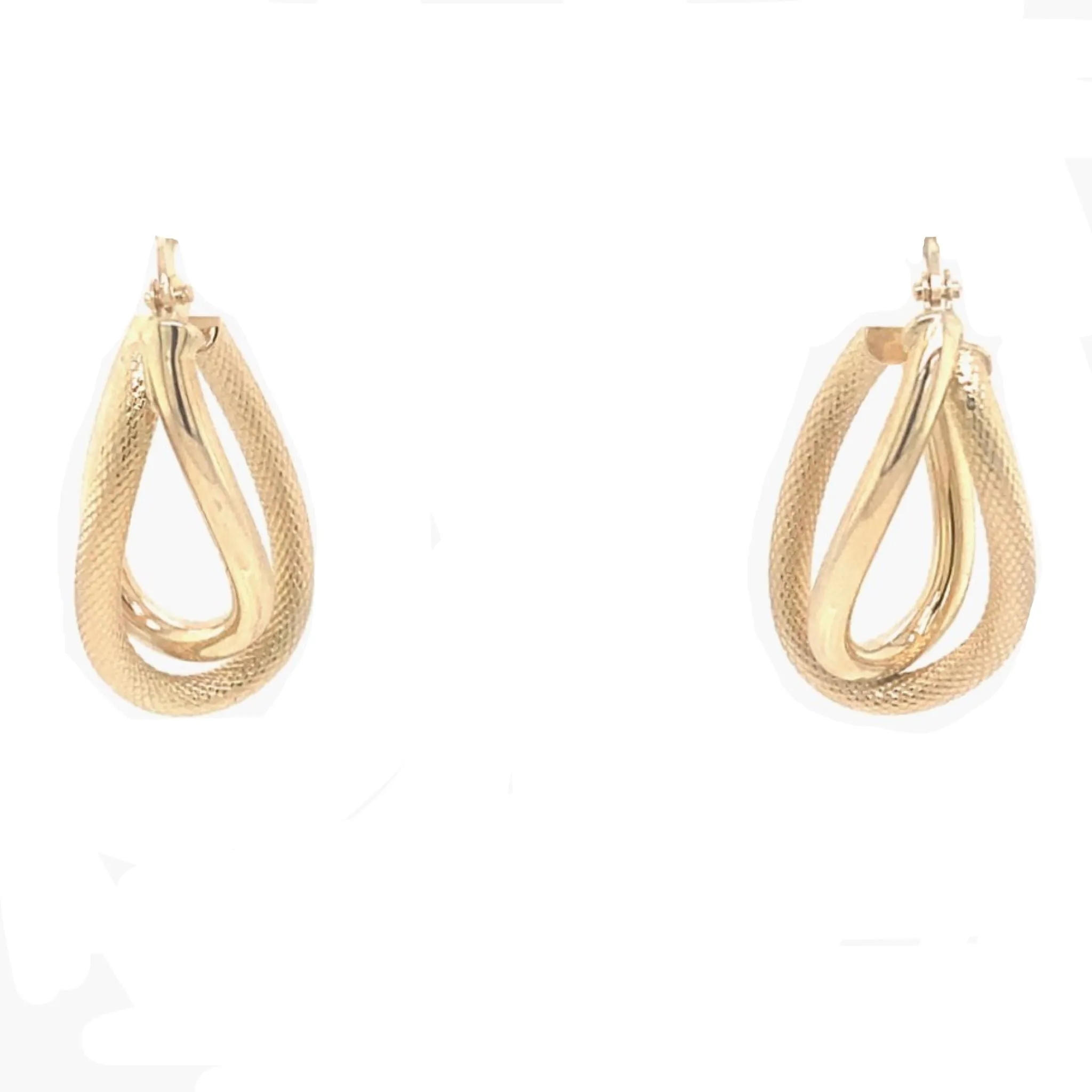 Textured and High Polish Double Oval Hoop Earrings - 14kt Yellow Gold