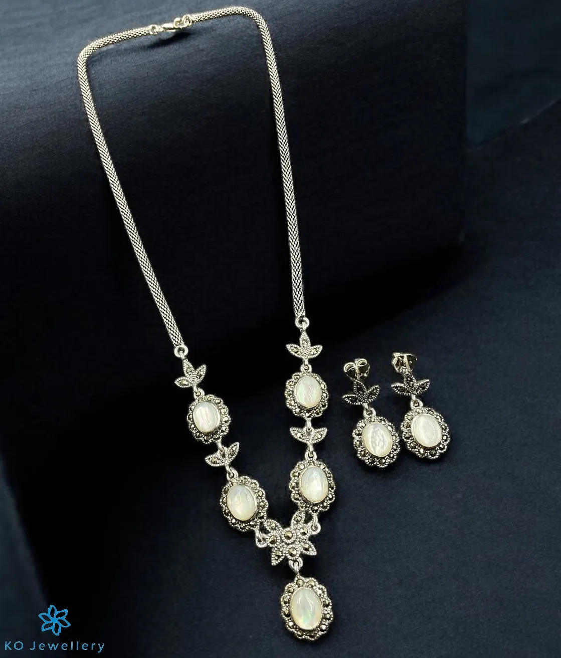 The Exquisite Elegance Silver Marcasite Necklace & Earrings (Mother of Pearl)