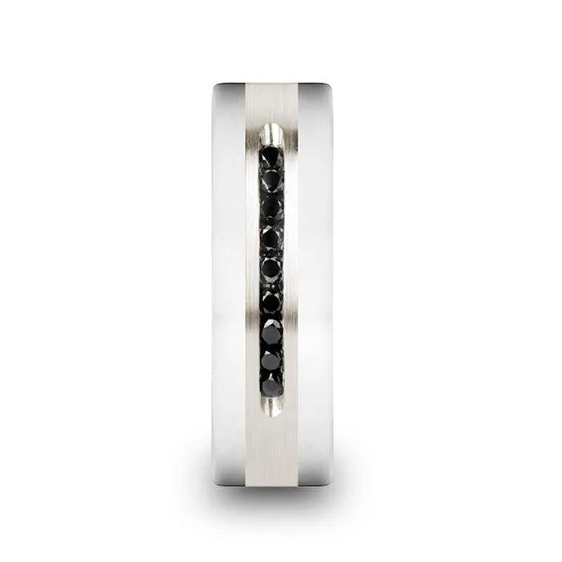 Thorsten BLACKSTONE Flat Tungsten Wedding Band with Brushed Silver Inlay Center and 9 Channel Set Black Diamonds - 8mm