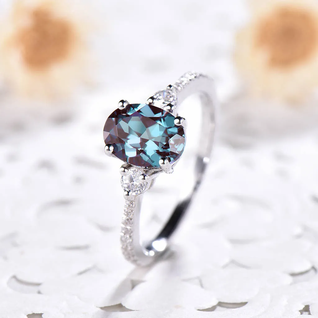 Three Stone Color Changed Lab Oval Alexandrite Engagement Ring