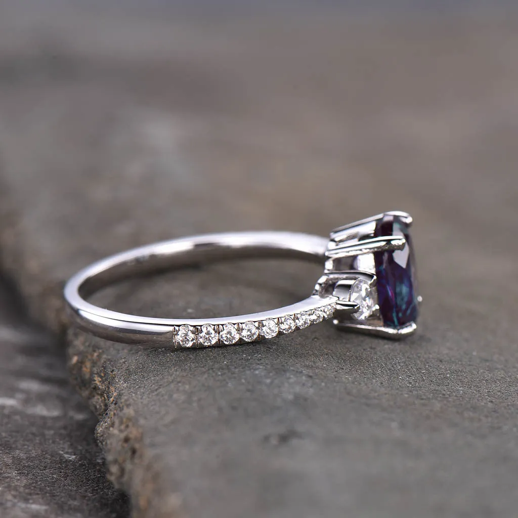 Three Stone Color Changed Lab Oval Alexandrite Engagement Ring
