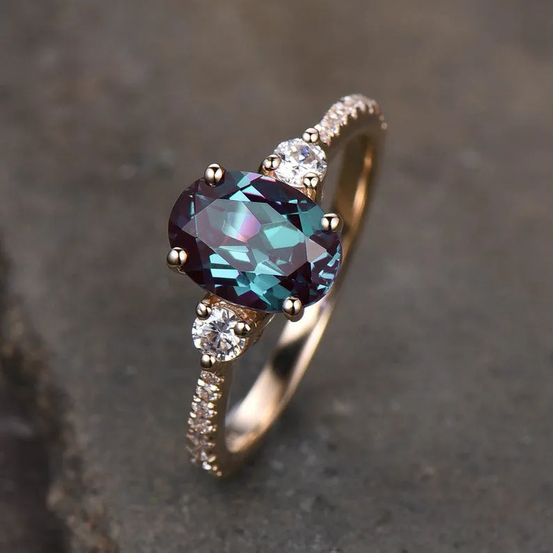 Three Stone Color Changed Lab Oval Alexandrite Engagement Ring