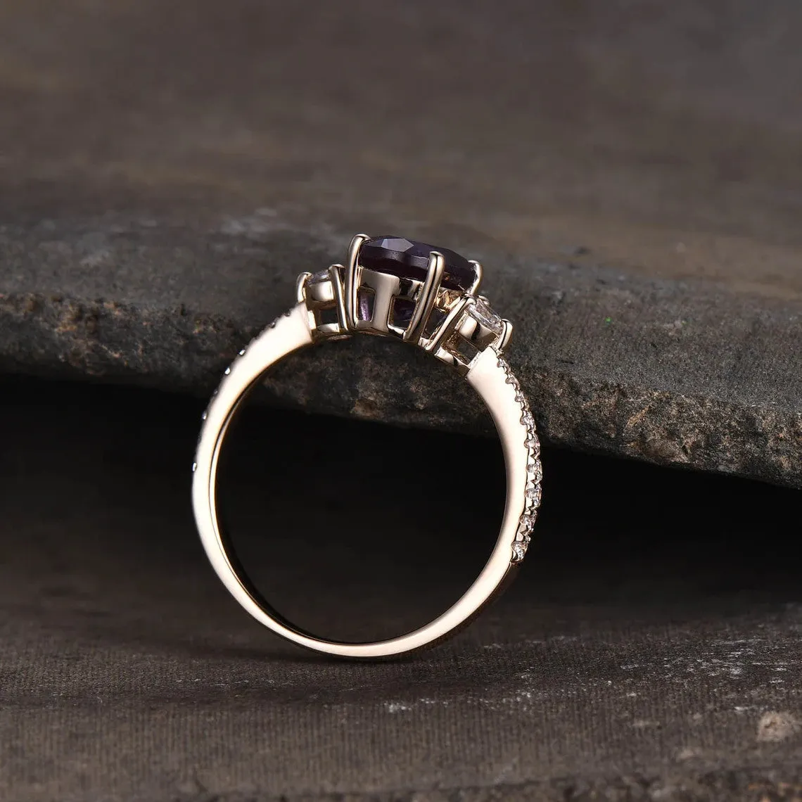 Three Stone Color Changed Lab Oval Alexandrite Engagement Ring