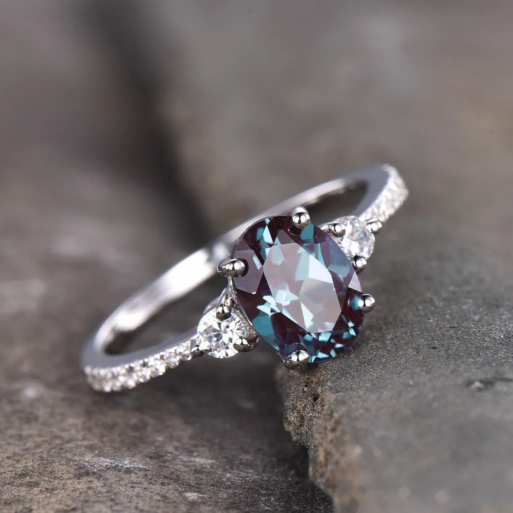 Three Stone Color Changed Lab Oval Alexandrite Engagement Ring