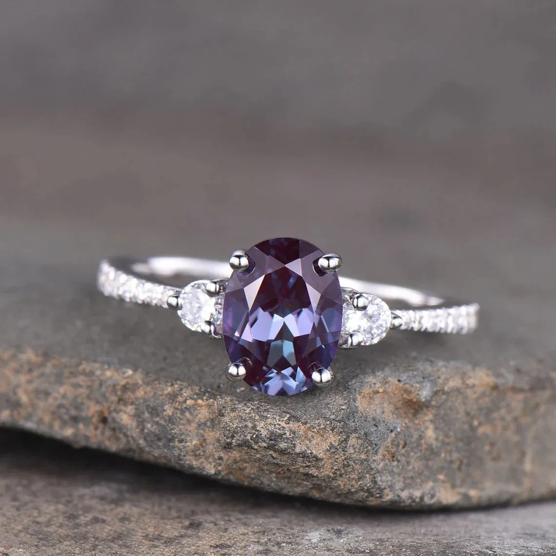 Three Stone Color Changed Lab Oval Alexandrite Engagement Ring