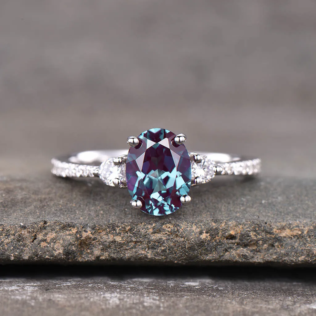 Three Stone Color Changed Lab Oval Alexandrite Engagement Ring