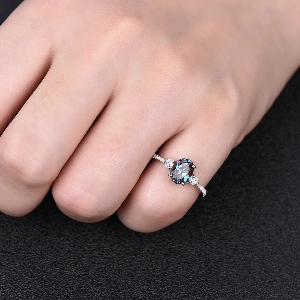 Three Stone Color Changed Lab Oval Alexandrite Engagement Ring