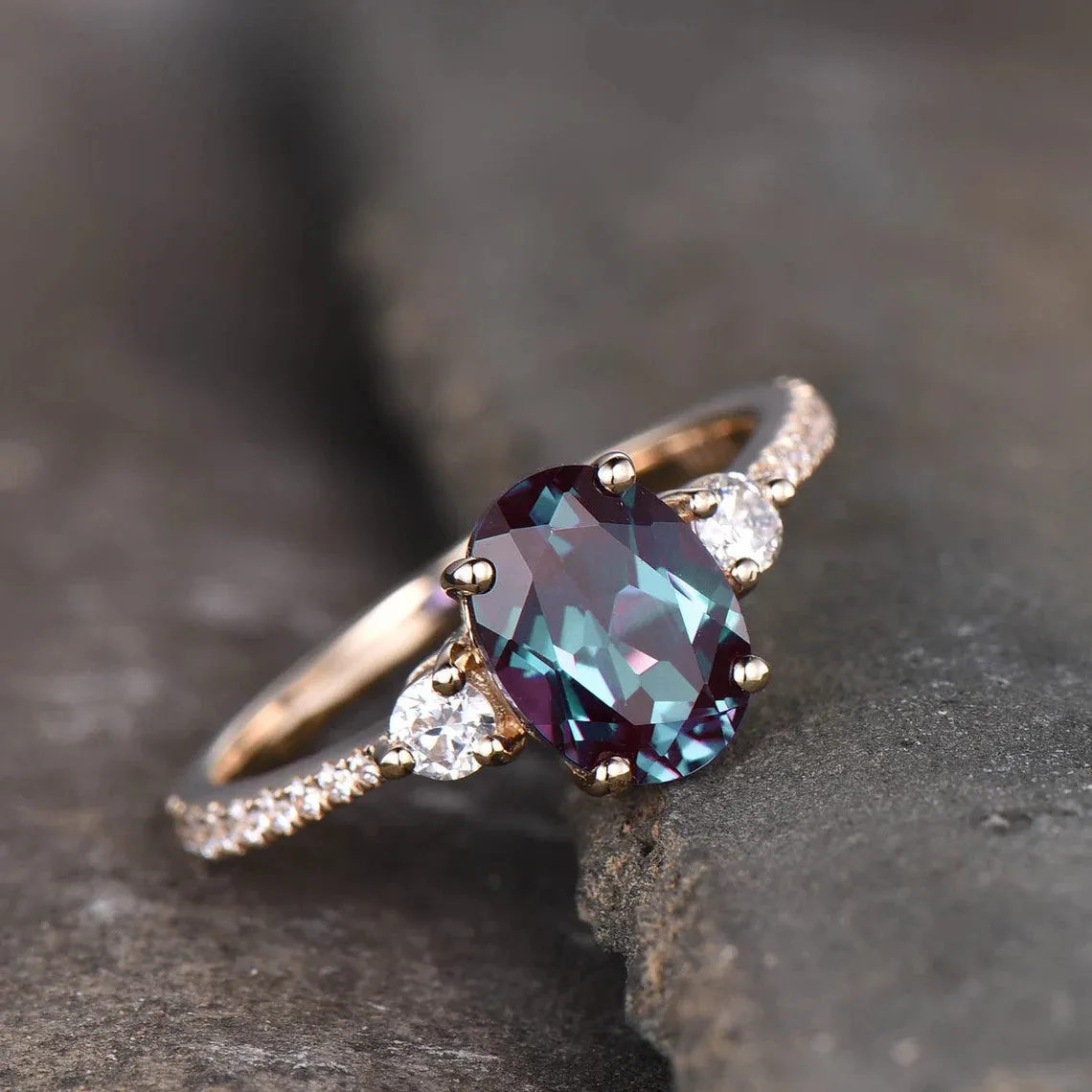 Three Stone Color Changed Lab Oval Alexandrite Engagement Ring