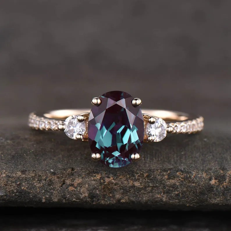 Three Stone Color Changed Lab Oval Alexandrite Engagement Ring