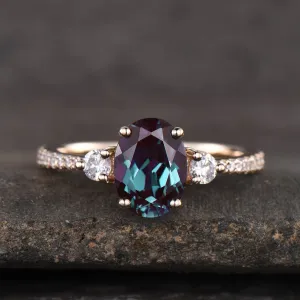 Three Stone Color Changed Lab Oval Alexandrite Engagement Ring
