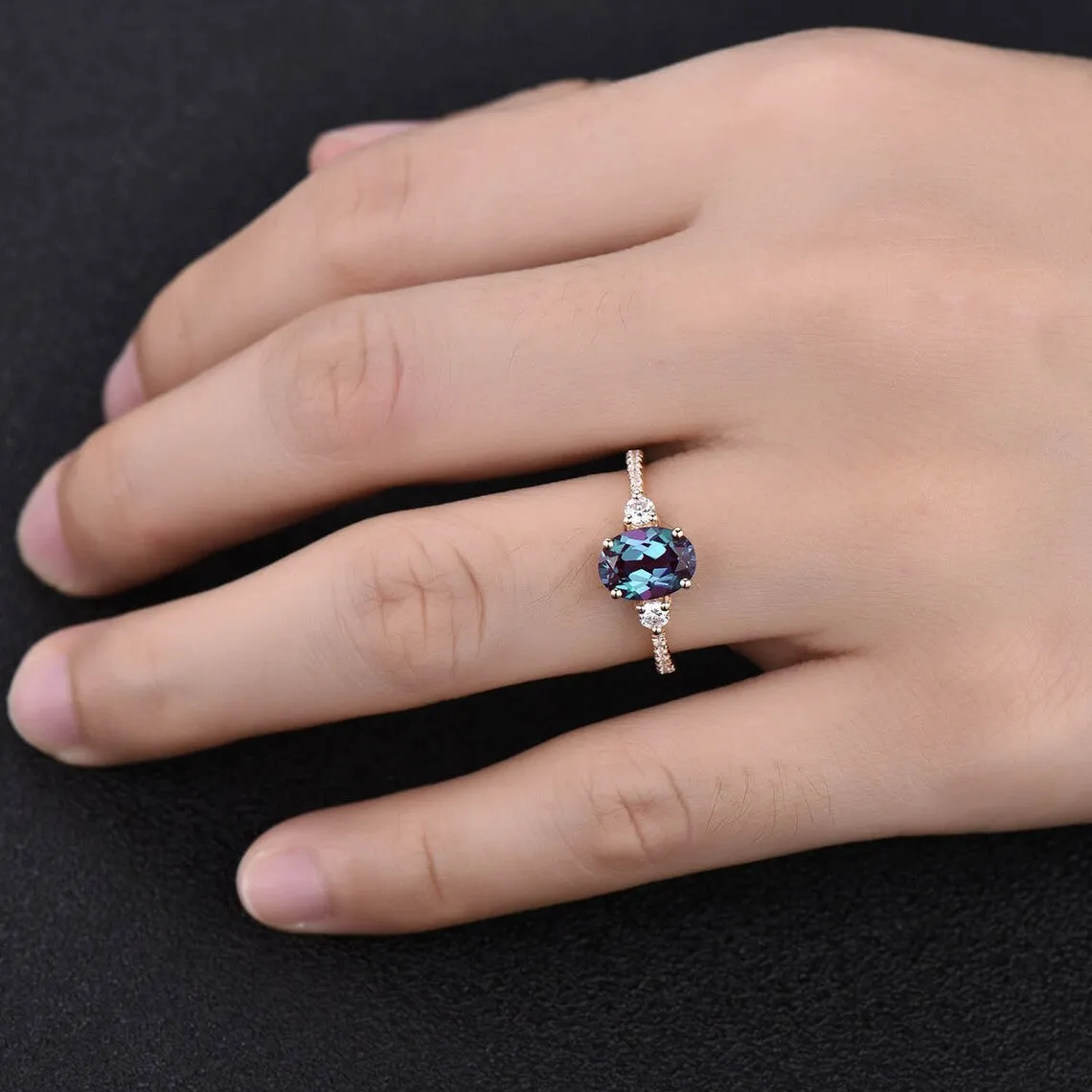 Three Stone Color Changed Lab Oval Alexandrite Engagement Ring