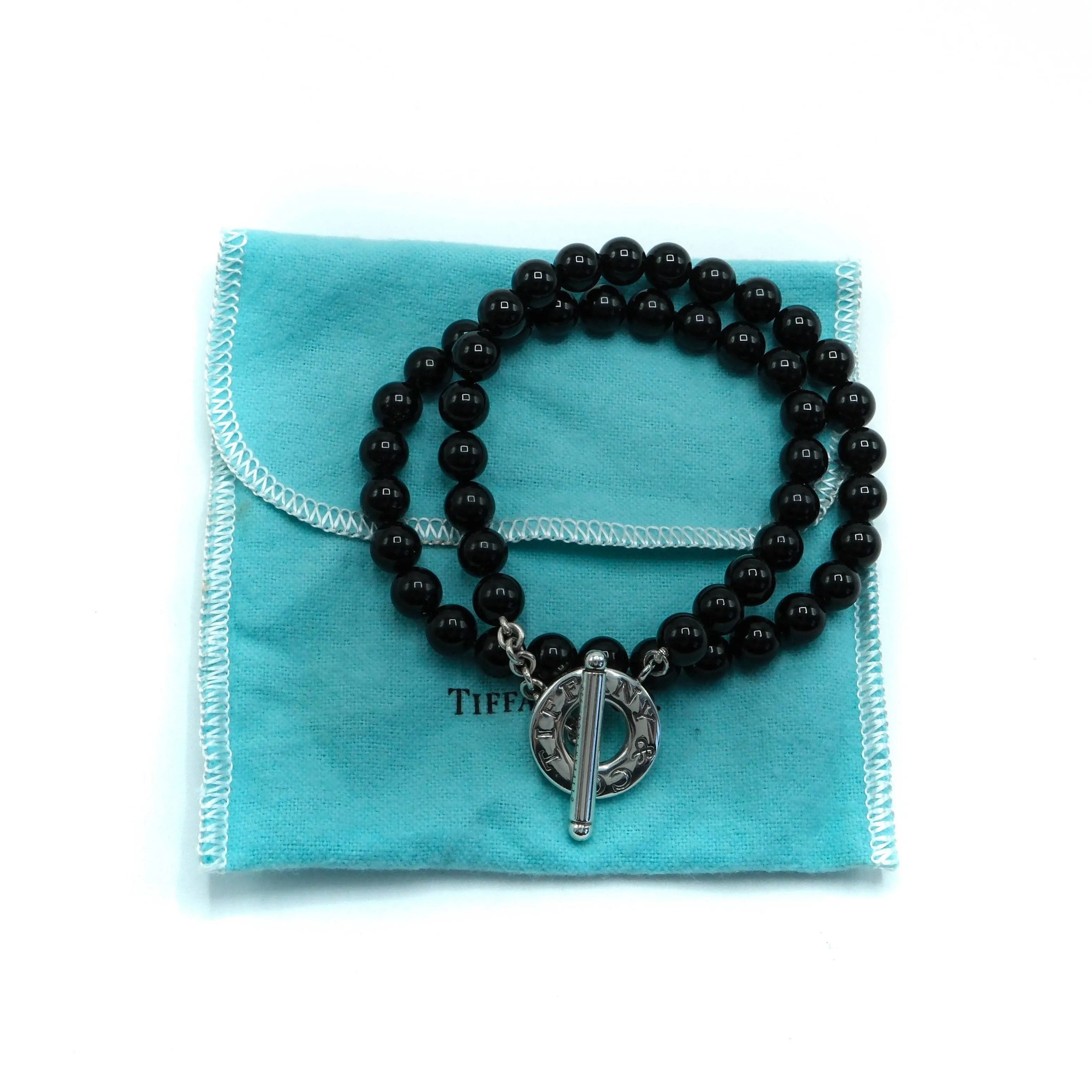 Tiffany & Co Black Onyx Bead Toggle Sterling Silver Choker Necklace - 18"