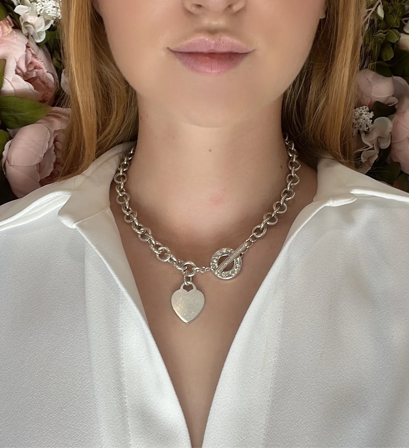Tiffany & Co Plain Heart Tag Sterling Silver Pendant Toggle Choker Necklace - 15.25"