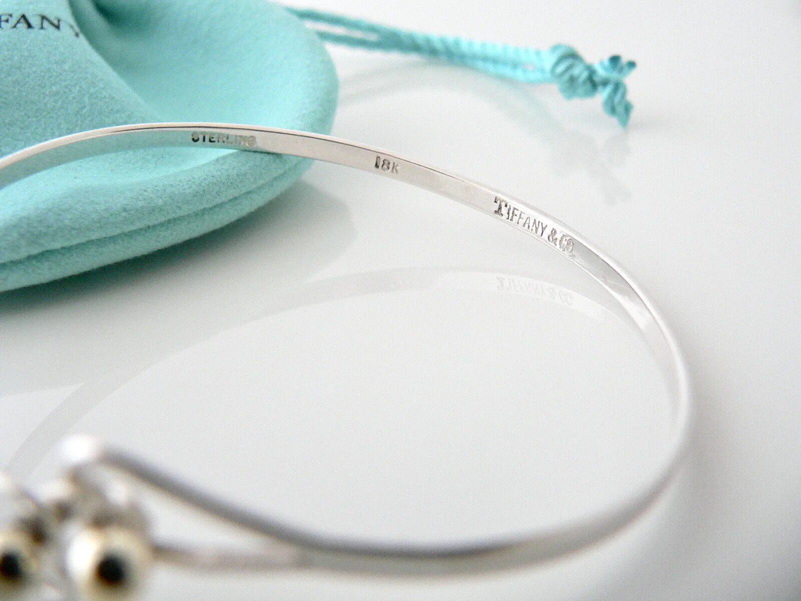Tiffany & Co Silver 18K Gold Heart Bangle Love Hook Bracelet Love Gift Pouch Art