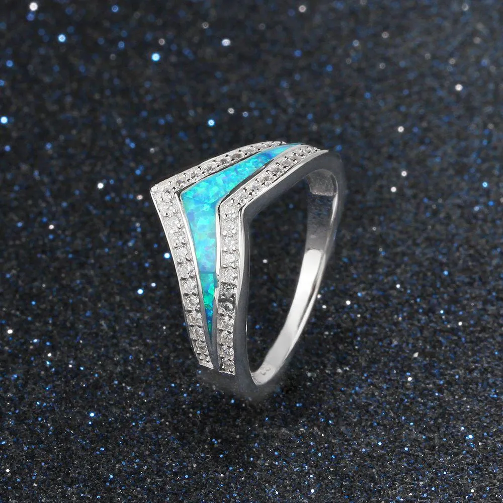 Trendy 925 Sterling Silver Blue Opal Stone & Cubic Zirconia Wedding Engagement Ring Gift Ideas For Women