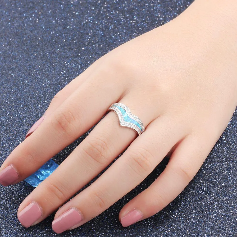 Trendy 925 Sterling Silver Blue Opal Stone & Cubic Zirconia Wedding Engagement Ring Gift Ideas For Women