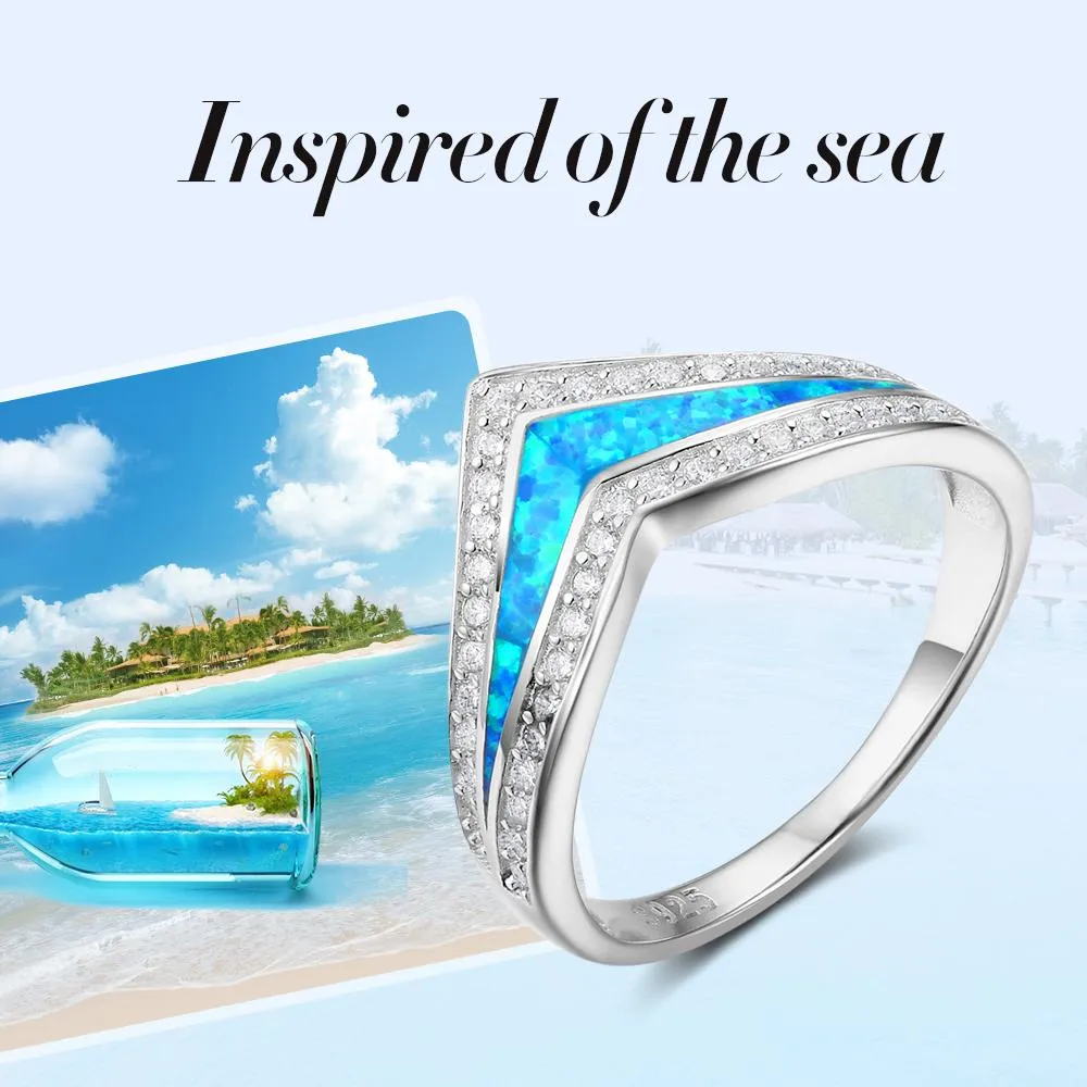 Trendy 925 Sterling Silver Blue Opal Stone & Cubic Zirconia Wedding Engagement Ring Gift Ideas For Women