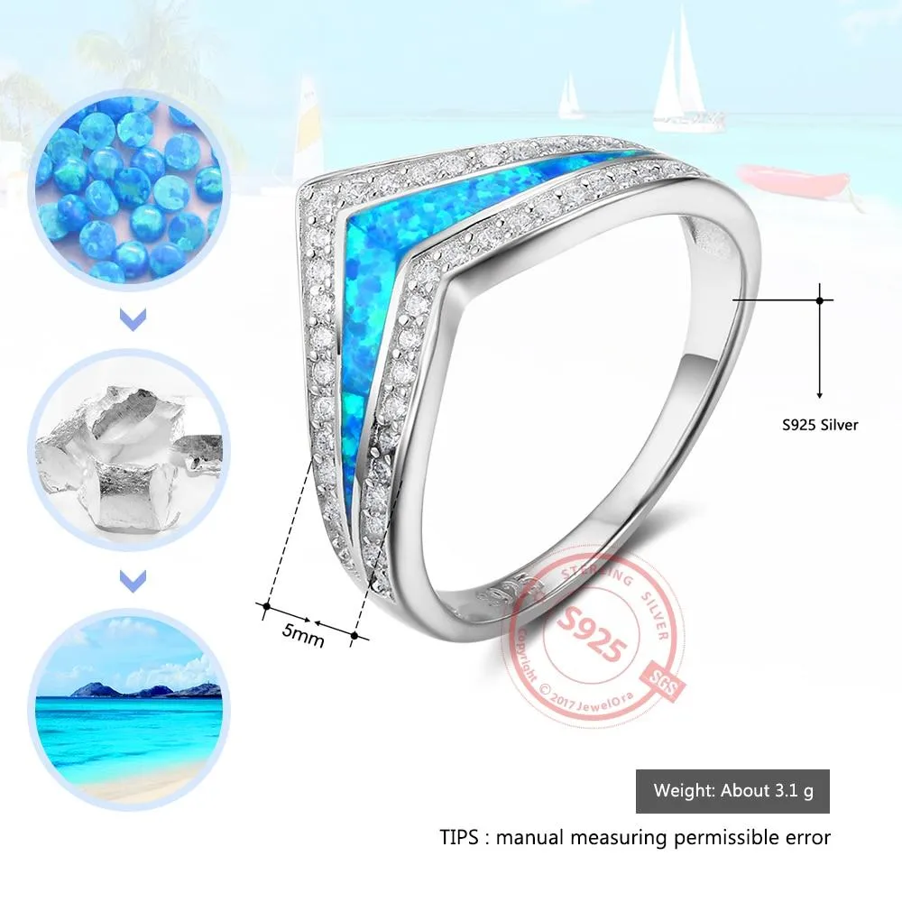 Trendy 925 Sterling Silver Blue Opal Stone & Cubic Zirconia Wedding Engagement Ring Gift Ideas For Women