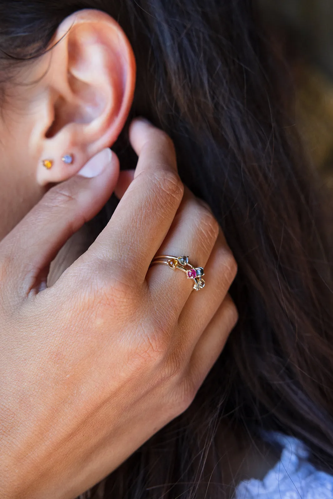 Triple Gemstone Ring in Diamond, Ruby, Citrine - Ring Size 5.75