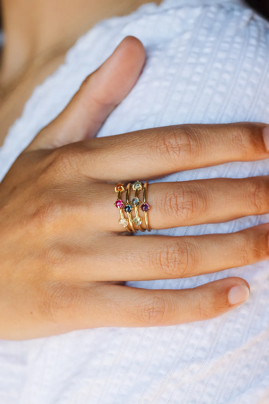 Triple Gemstone Ring in Diamond, Ruby, Citrine - Ring Size 5.75