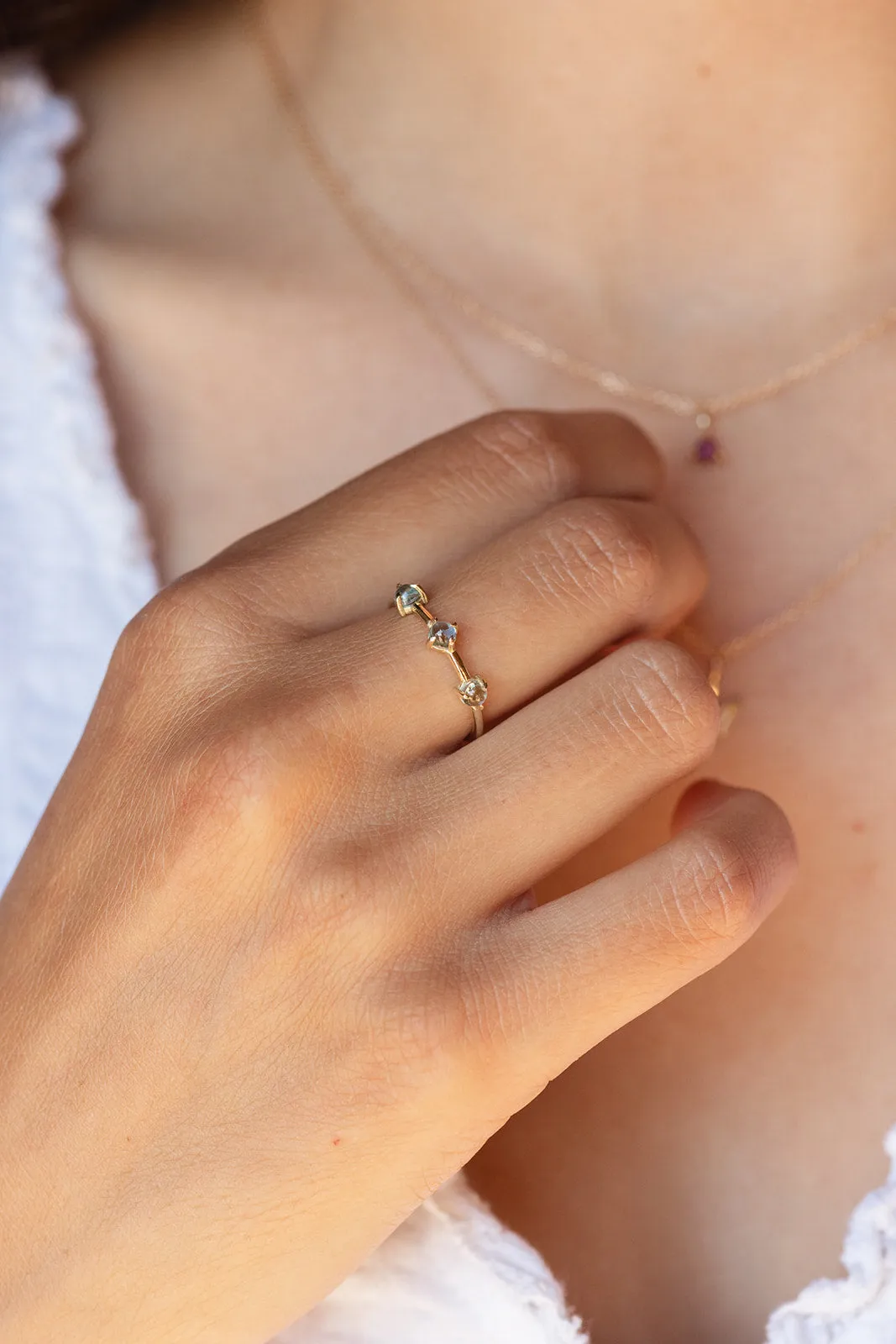 Triple Gemstone Ring in Diamond, Ruby, Citrine - Ring Size 5.75