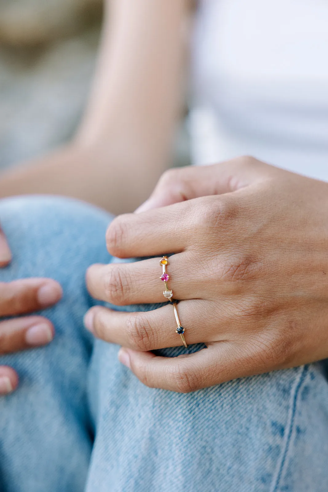 Triple Gemstone Ring in Diamond, Ruby, Citrine - Ring Size 5.75