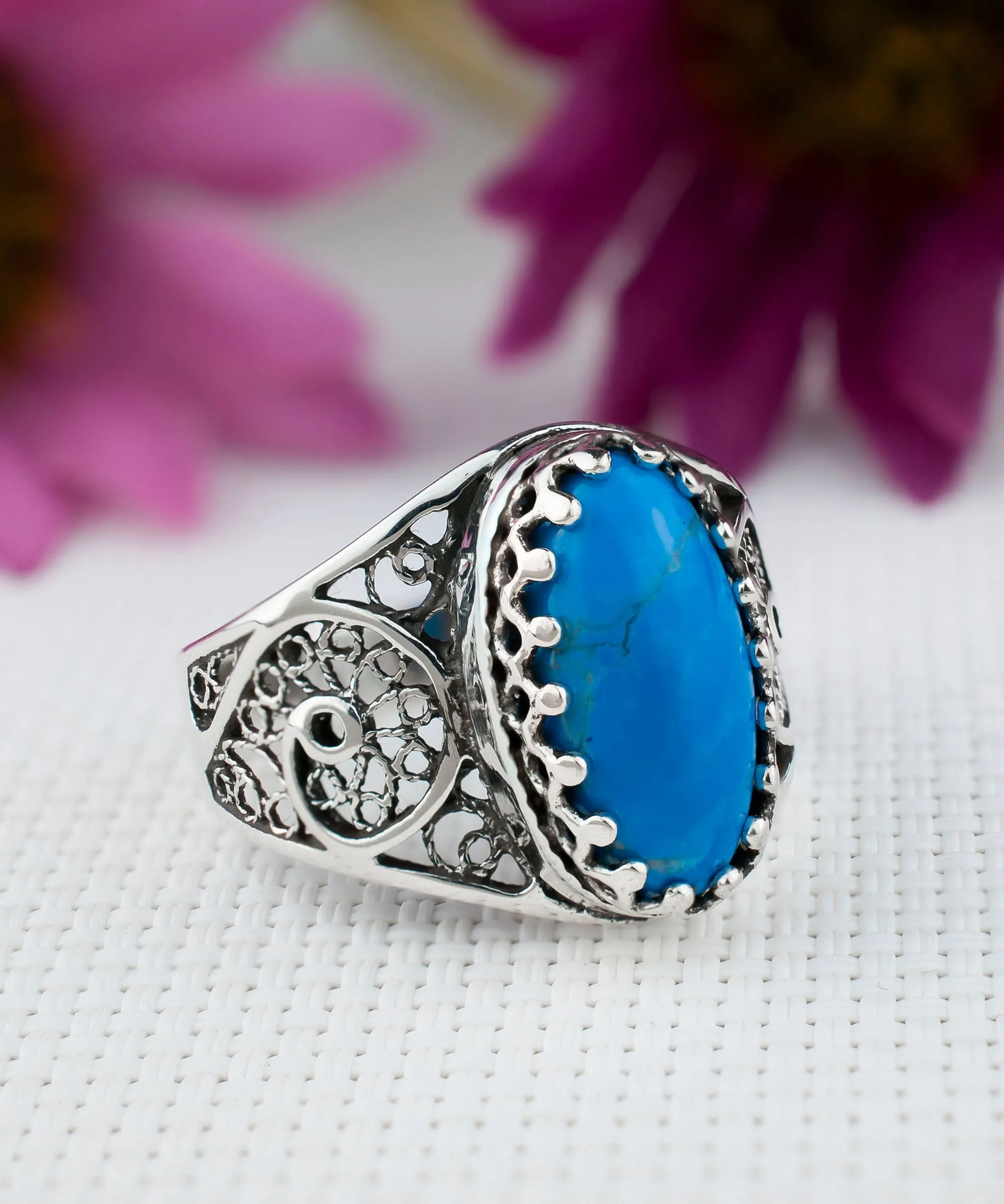 Turquoise Gemstone Filigree Cocktail Ring - Women's Oval Silver Jewelry
