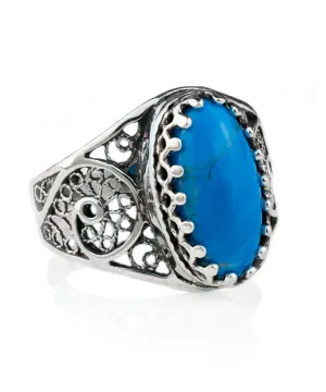 Turquoise Gemstone Filigree Cocktail Ring - Women's Oval Silver Jewelry