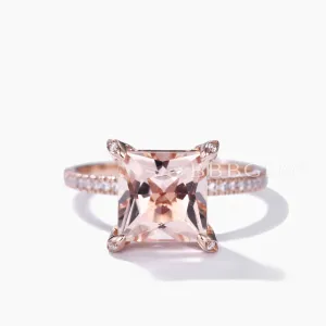 Unique Hidden Halo Princess Cut Morganite Diamond Engagement Ring Rose Gold Basket Setting