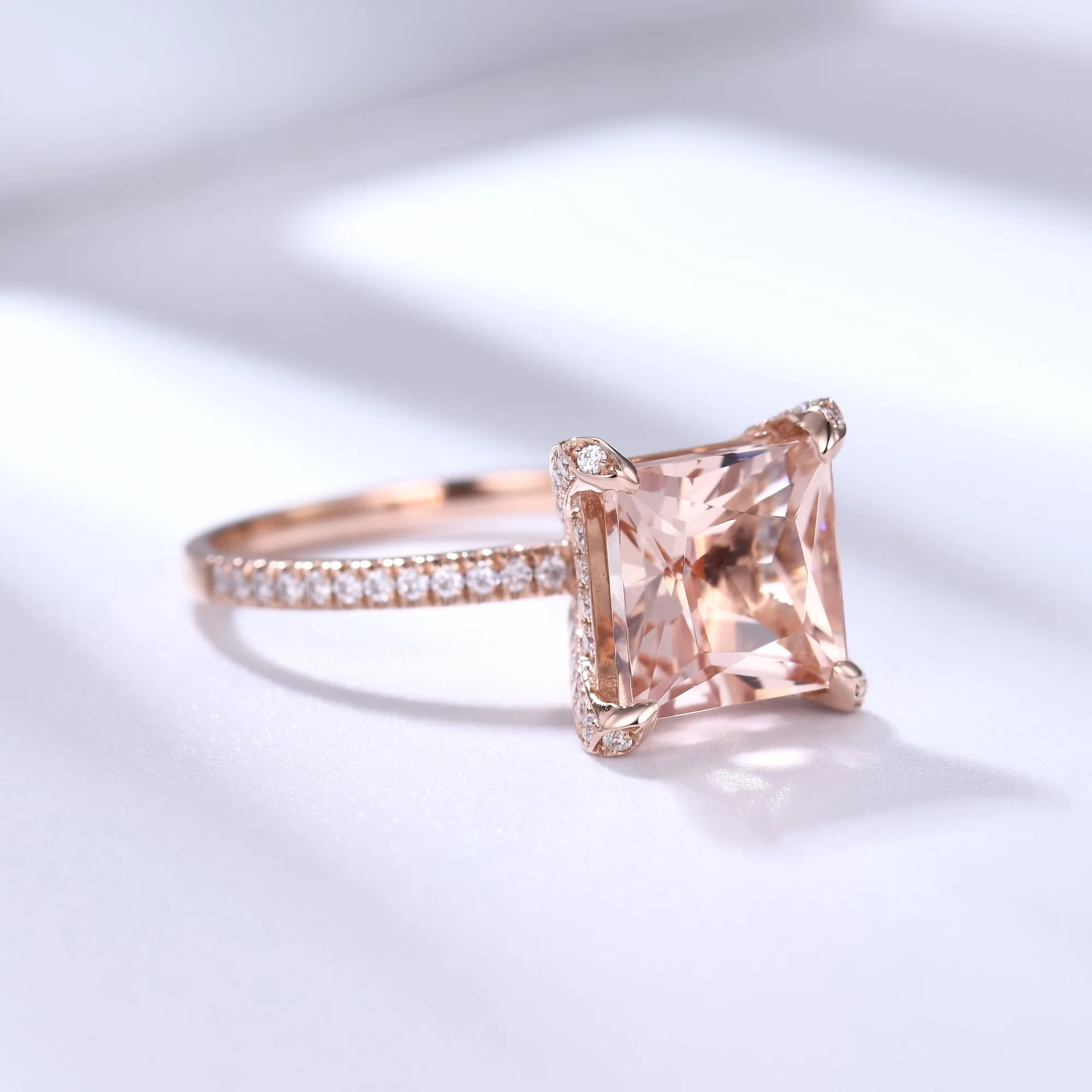 Unique Hidden Halo Princess Cut Morganite Diamond Engagement Ring Rose Gold Basket Setting
