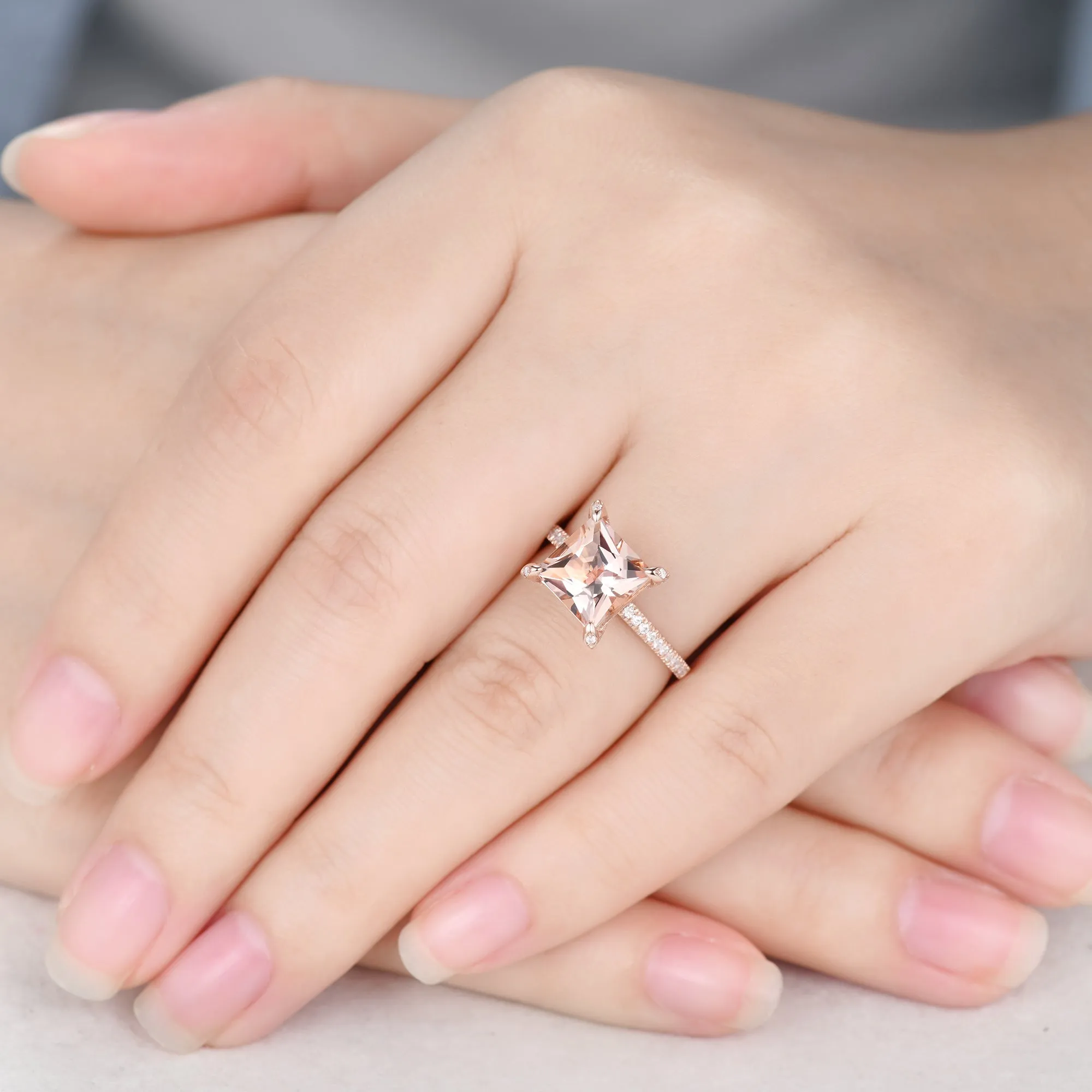 Unique Hidden Halo Princess Cut Morganite Diamond Engagement Ring Rose Gold Basket Setting