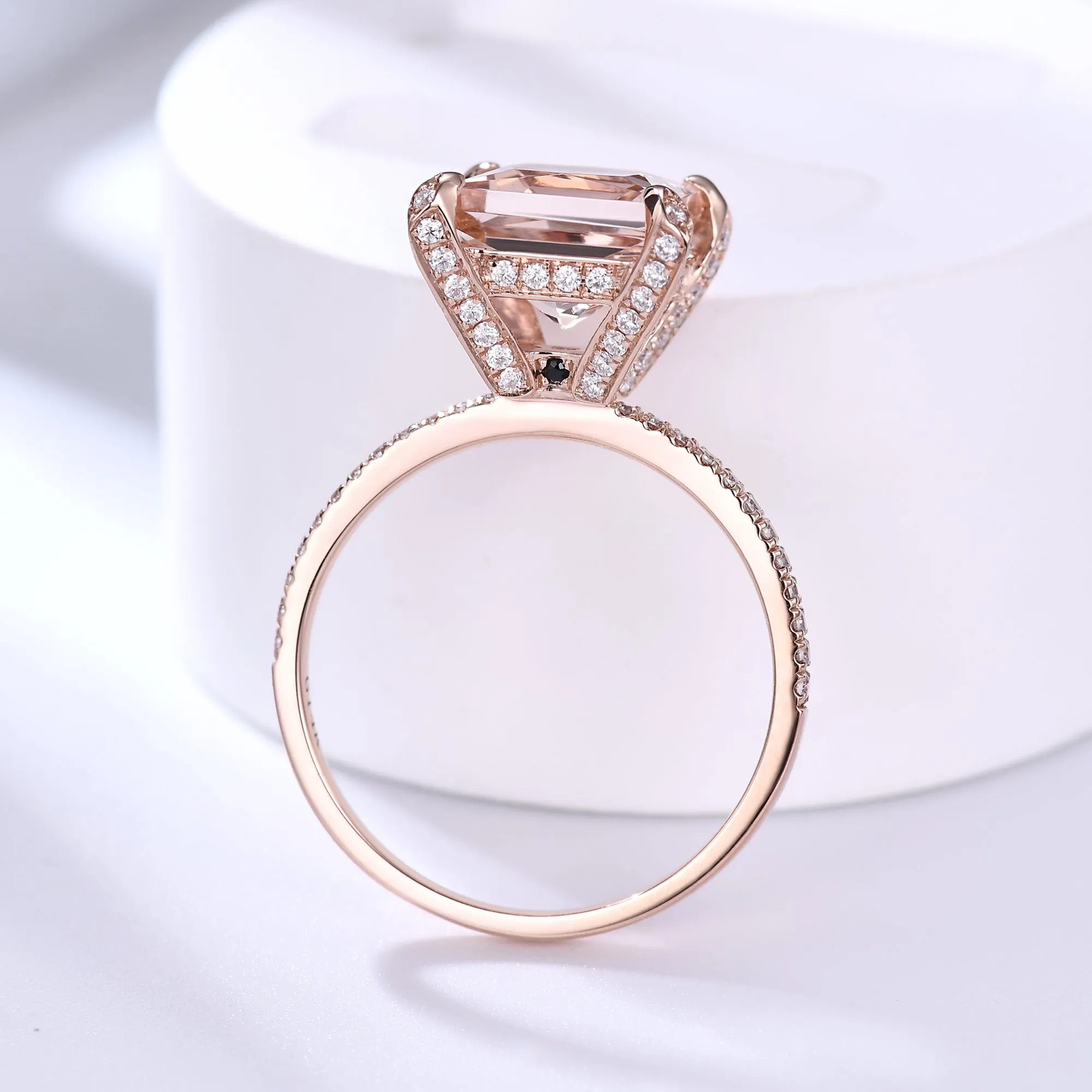Unique Hidden Halo Princess Cut Morganite Diamond Engagement Ring Rose Gold Basket Setting