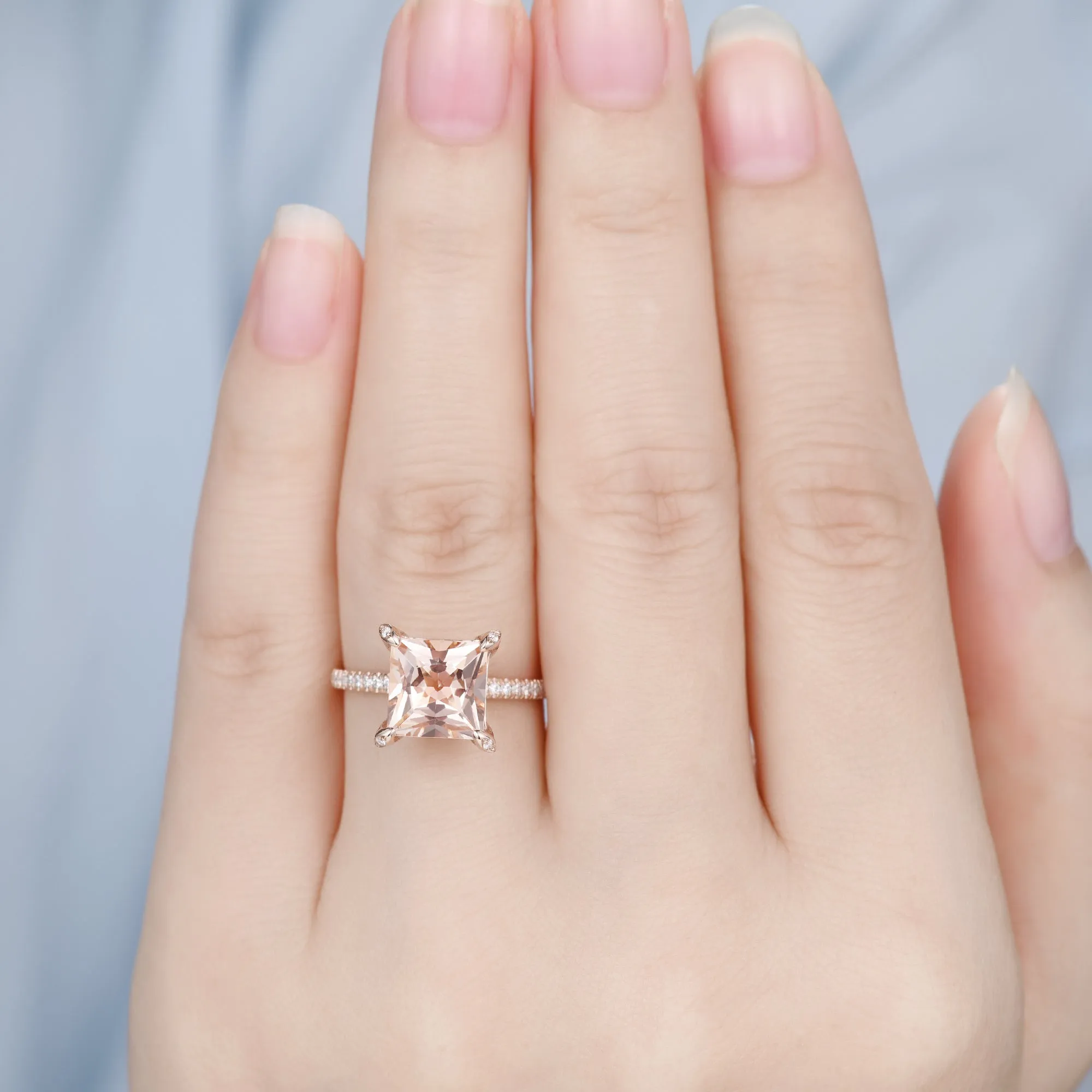 Unique Hidden Halo Princess Cut Morganite Diamond Engagement Ring Rose Gold Basket Setting