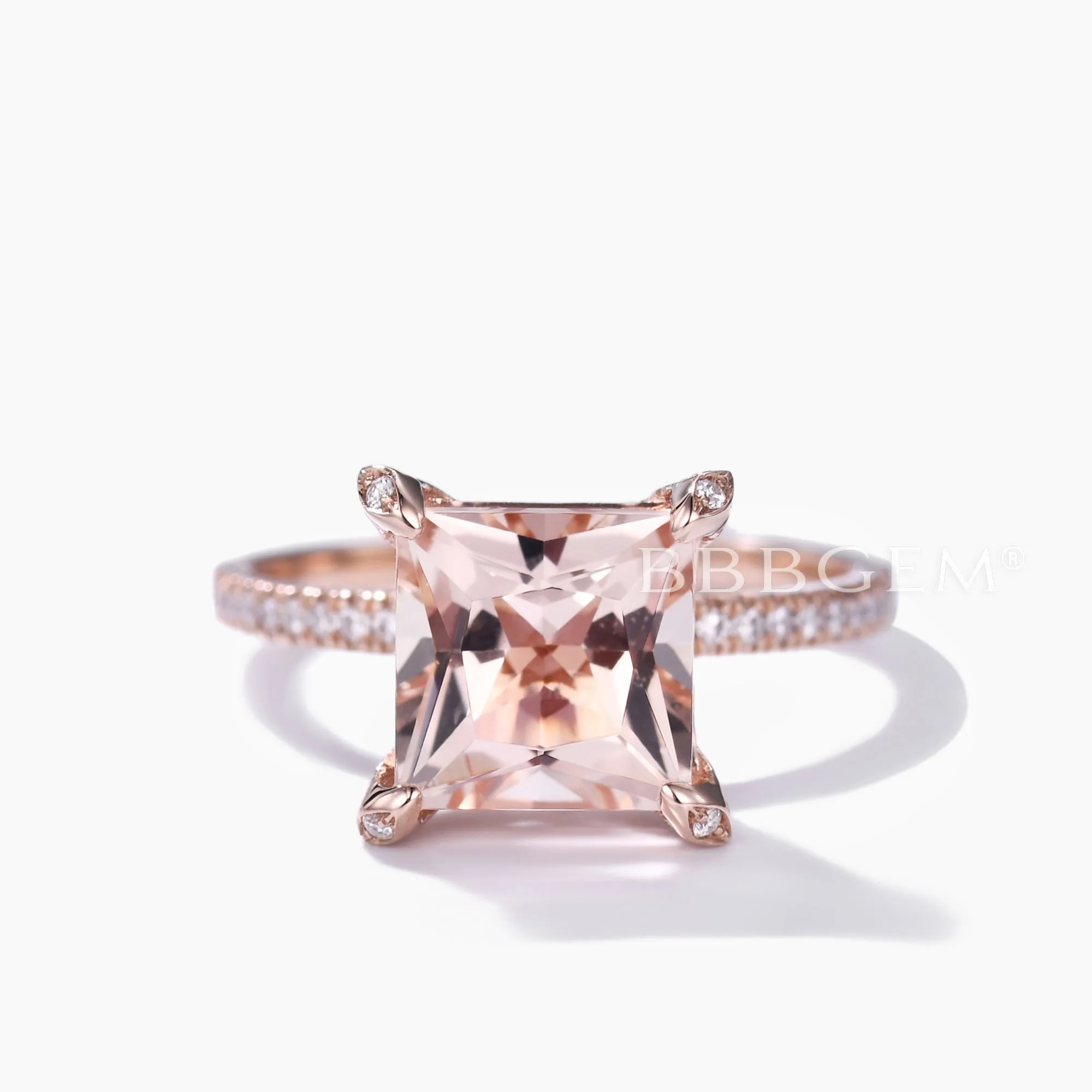 Unique Hidden Halo Princess Cut Morganite Diamond Engagement Ring Rose Gold Basket Setting