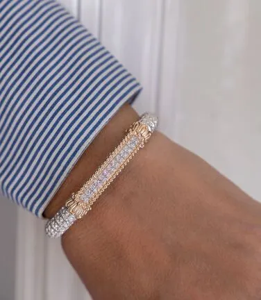 Vahan Sterling Silver & 14K Yellow Gold Diamond Pave Bar Bangle Bracelet