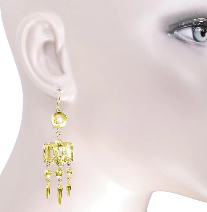 Victorian Engraved Dangle Pearl Earrings in 15 Karat Yellow Gold