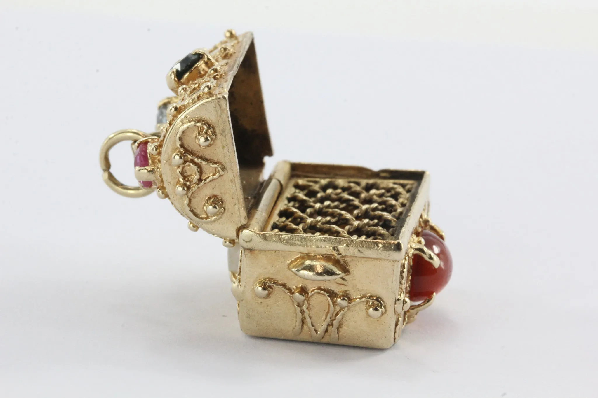 Vintage 14K Gold Gem Stone Studded Etruscan Treasure Chest Pendant Charm