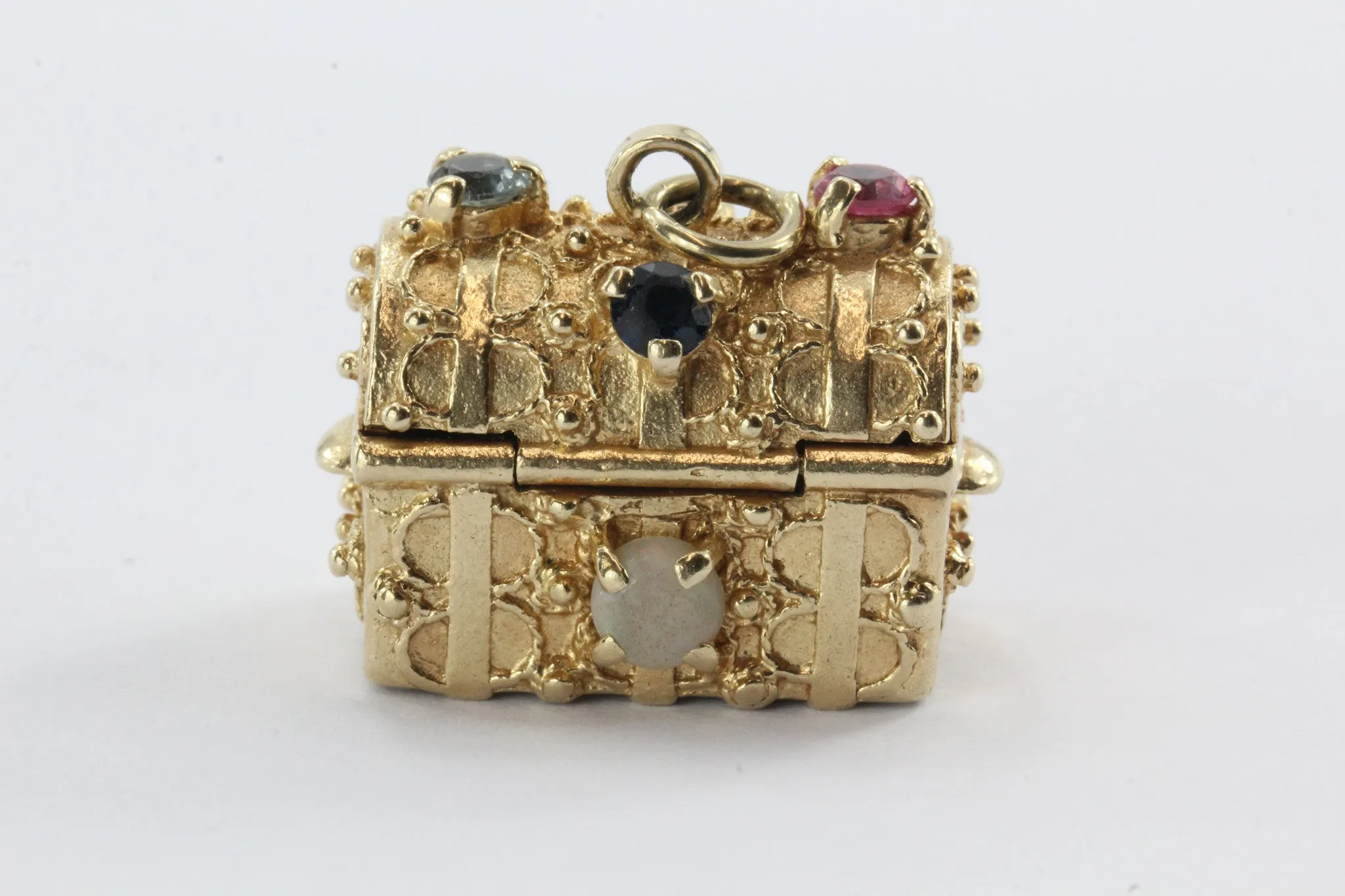 Vintage 14K Gold Gem Stone Studded Etruscan Treasure Chest Pendant Charm