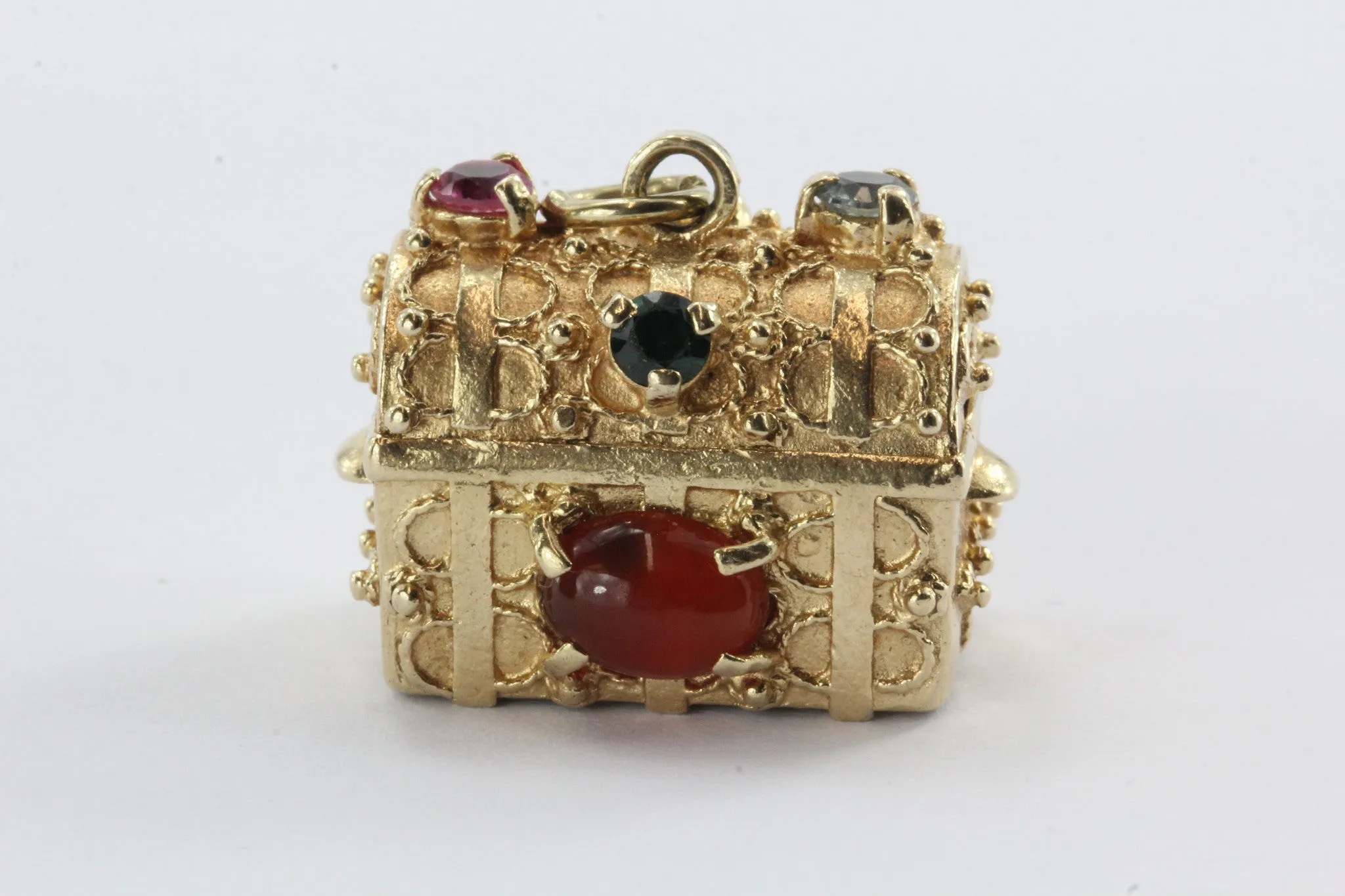 Vintage 14K Gold Gem Stone Studded Etruscan Treasure Chest Pendant Charm
