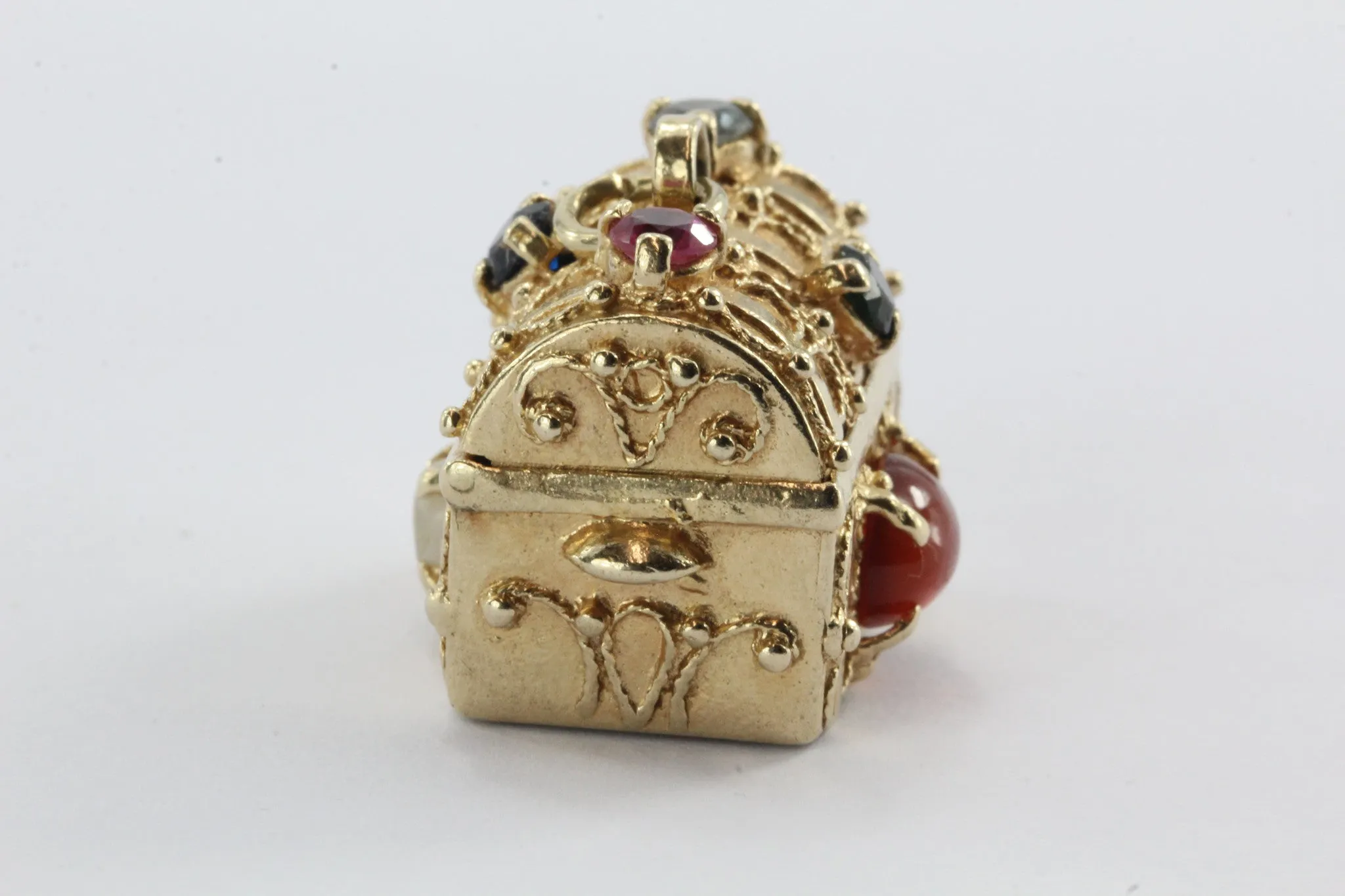 Vintage 14K Gold Gem Stone Studded Etruscan Treasure Chest Pendant Charm